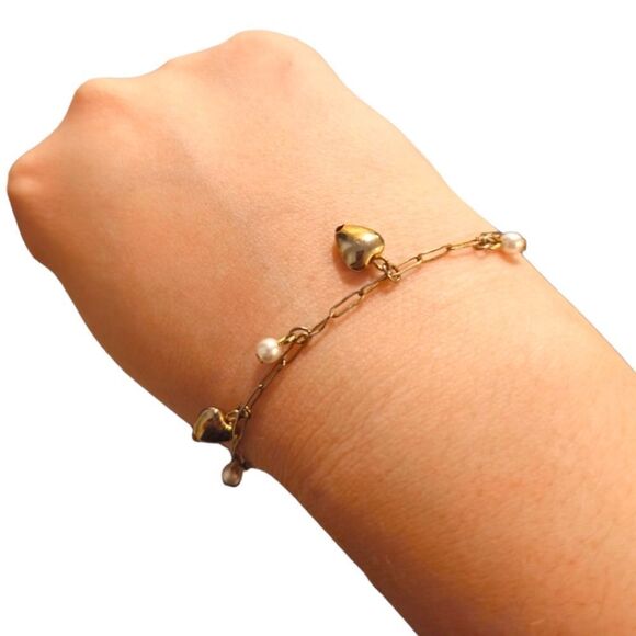 Mini Puffy Heart and Pearl Bead Dangle Link Bracelet - Picture 7 of 12